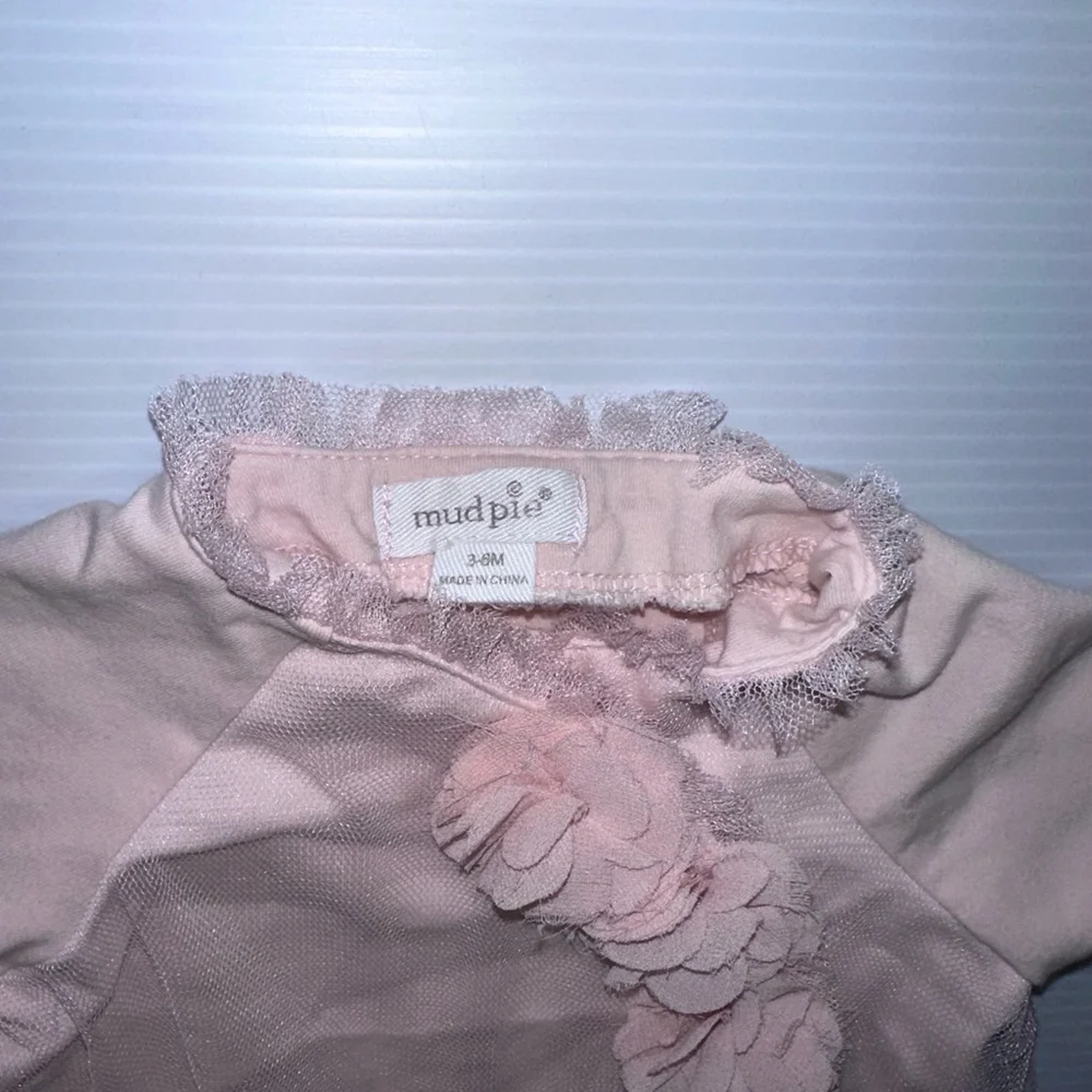 Girl Mud Pie Blouse 3-6M Pink ruffle baby flowers fancy tulle embellishment